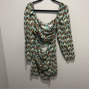 Topshop Geo Print Cutout Detail Long Sleeve Dress Mid-Green
